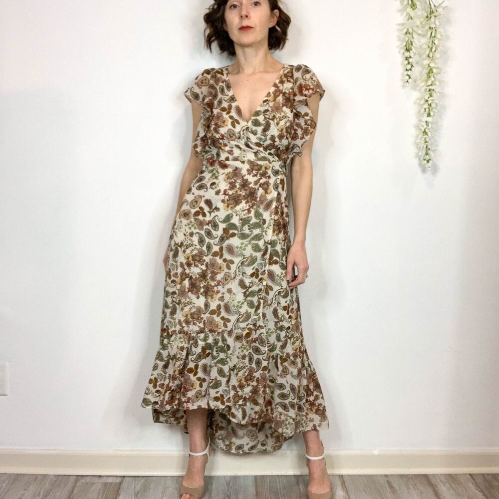 DREW Floral Midi Dress in Brown and Green